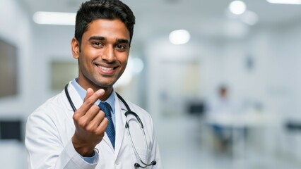 South Asian male doctor in white coat smiles and makes heart gesture in modern medical office, promoting health and wellness