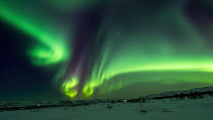 Naklejka premium Aurora borealis lights up night sky over Scandinavian mountains in winter Perfect for travel and natural beauty themes