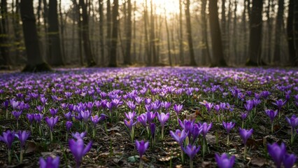 Naklejka premium Purple crocuses bloom on the forest floor, bathed in morning sunlight Captivating scene of nature's tranquility and seasonal beauty
