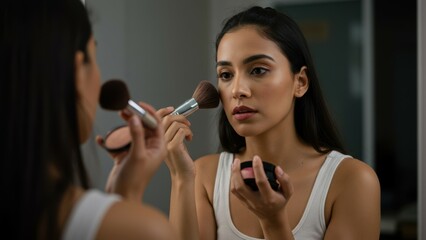 Hispanic woman applying blush in indoor bathroom mirror showcases beauty routine focusing on self care and personal grooming