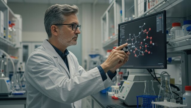 Caucasian scientist in white lab coat examines molecular model on monitor in modern laboratory Research, science, innovation