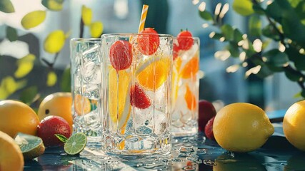 A refreshing cold drink setup with sparkling lemonade, vibrant fruits, and ice cubes in crystal glasses on a terrace. - Powered by Adobe