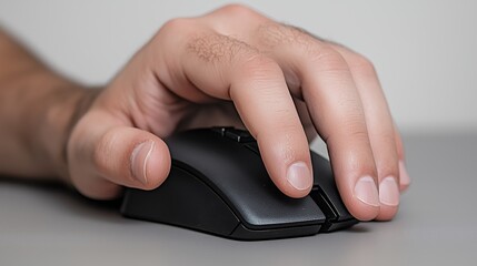 Close-Up of a Hand Using a Black Computer Mouse on a Light Gray Desk