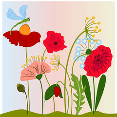 Obraz premium Field Meadow with Flowers and Dragonfly - Vector Illustration.