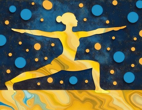 Woman in a Warrior yoga pose is depicted against a dark blue background. The silhouette is rendered in a vibrant yellow, creating a striking contrast. 