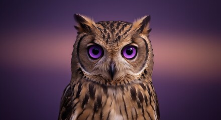 Obraz premium A beautiful owl with piercing violet eyes perched against a dusky purple background.