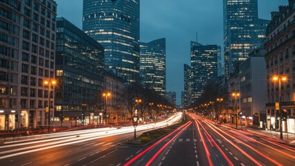 Obraz premium Cityscape featuring modern skyscrapers and busy streets in Paris at night Highlights urban lifestyle and metropolitan dynamics