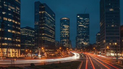 Naklejka premium Modern skyscrapers in Mexico City at night, showcasing illuminated streets and traffic lights Urban development and nightlife