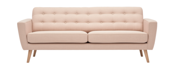 Modern beige sofa with a tufted backrest and wooden legs. A stylish and comfortable furniture piece for home and living room decor. Isolated on transparent background, png.