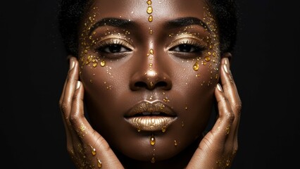 Black woman close up with gold makeup and skin droplets Studio setting exuding luxury and artistic expression