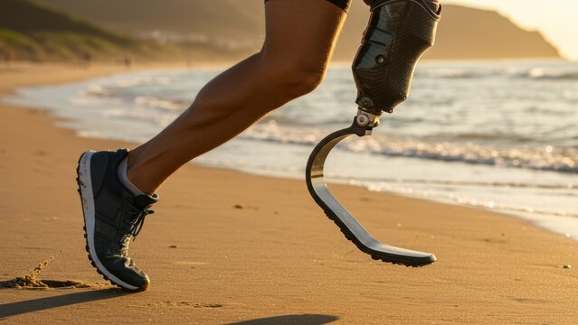 Adult male with prosthetic leg running on beach at sunset Themes of resilience and physical fitness - Powered by Adobe