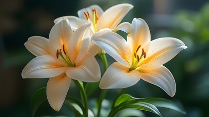 Naklejka premium Blooming White Lilies in Natural Light with Green Foliage Background creating a calming and beautiful floral composition.