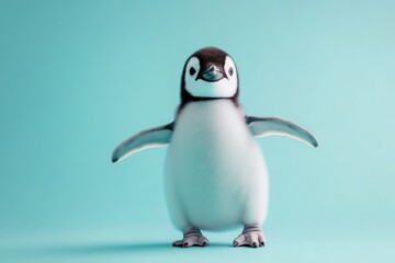 Fototapeta premium Cute baby penguin standing on a light blue background with arms outstretched, showcasing its fluffy feathers and curious expression