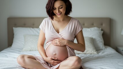 Caucasian pregnant woman smiling in bedroom, cradling baby bump Emphasizes maternity, intimacy, and joy