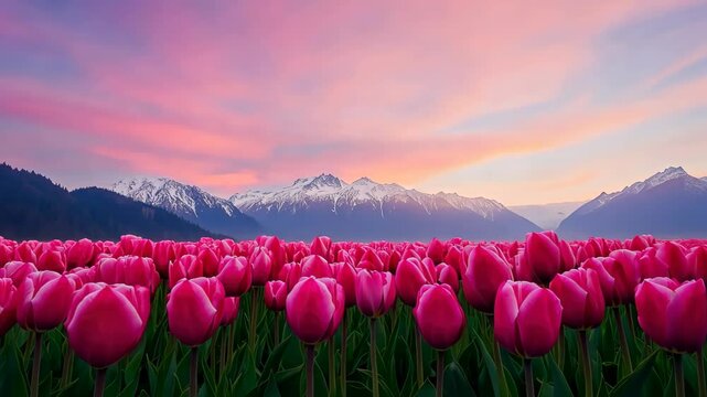 Tulip Flowers Blooming in Vibrant Field Against Scenic Mountain Sunset Backdrop with Pink and Orange Sky