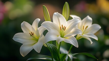Fototapeta premium Blooming White Lilies in Natural Light with Green Foliage Background creating a calming and beautiful floral composition.