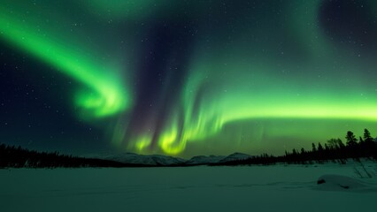 Aurora borealis lights up a winter landscape with snow covered ground and mountains under a starry night sky Nature's beauty and exploration
