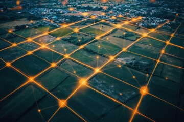 An aerial shot of land crisscrossed with network markers, illustrating strategic land development and connectivity planning.