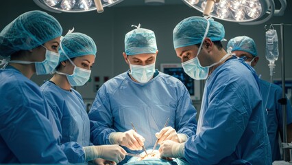 Surgical team of diverse professionals performing surgery in an operating room, emphasizing healthcare, teamwork, and precision
