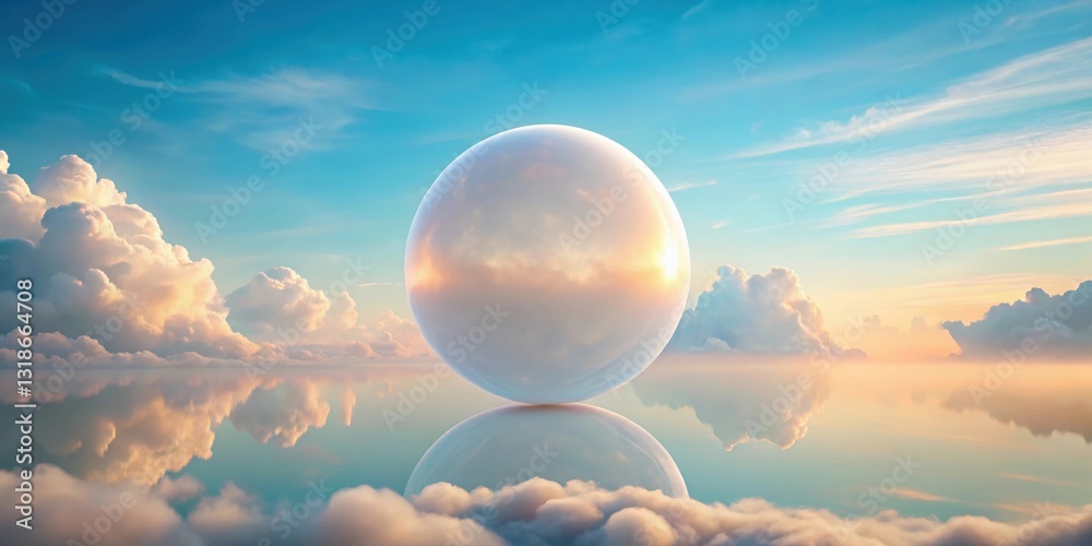 Poster a large white orb hovers in the clouds, reflecting the tranquil sunset sky and casting a soft glow o