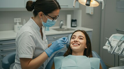 Female dentist performs dental care on young female patient in modern clinic Focus on oral health, healthcare, and patient experience