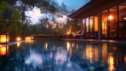 Fototapeta premium Tropical Villa Exterior with Infinity Pool and Lush Garden, Minimalist Design Under Soft Ambient Lighting, Peaceful Tropical Backdrop.