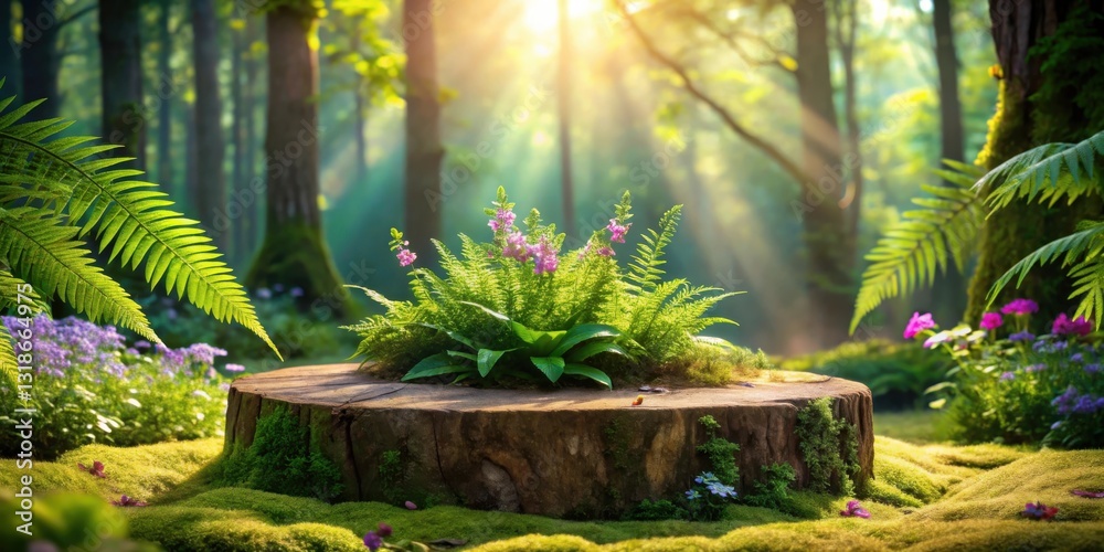 Poster a lush forest setting with a tree stump covered in moss and greenery, bathed in golden sunlight