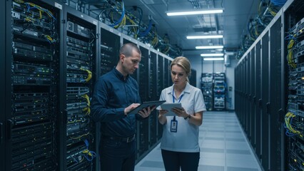 Caucasian male and female professionals working in data center, analyzing information on tablets Technology, collaboration, IT
