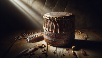 An ancient handcrafted drum with detailed geometric patterns surrounded by traditional beads and feathers evoking the spirit of indigenous musical heritage and deep-rooted rhythmic traditions