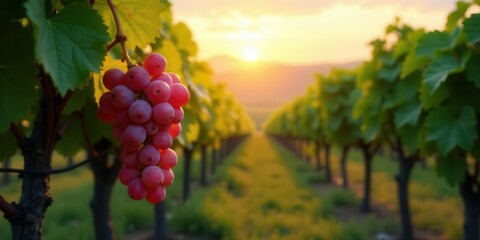 Naklejka premium A cluster of ripe pink grapes hangs from a vine bathed in the warm glow of the setting sun, a picturesque vineyard stretching into the distance.