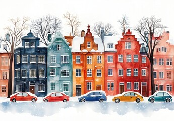 Fototapeta premium Watercolor, winter city street in the old town.