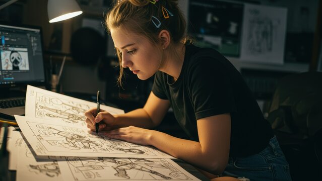 Caucasian young woman sketching in home office during evening Artistic process highlights creativity and modern workspace