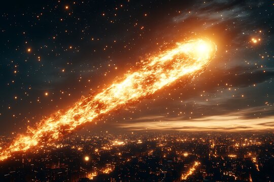 A flaming celestial body streaks across a starlit evening sky