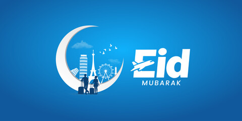 Tour, Travel, Airlines, Aviation, Tourism, Tourist visit creative concept idea design for Eid, Ramadan, Eid Ul Adha Islamic festival poster with new moon monuments airplane and tourist