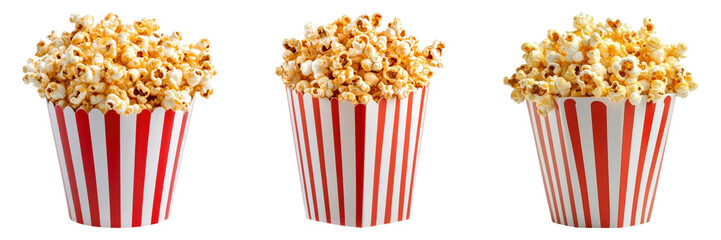 Three striped popcorn buckets filled with popcorn on transparency background