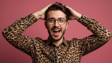 Young Caucasian man with glasses smiling joyfully in leopard print shirt against pink background Themes of celebration and self expression