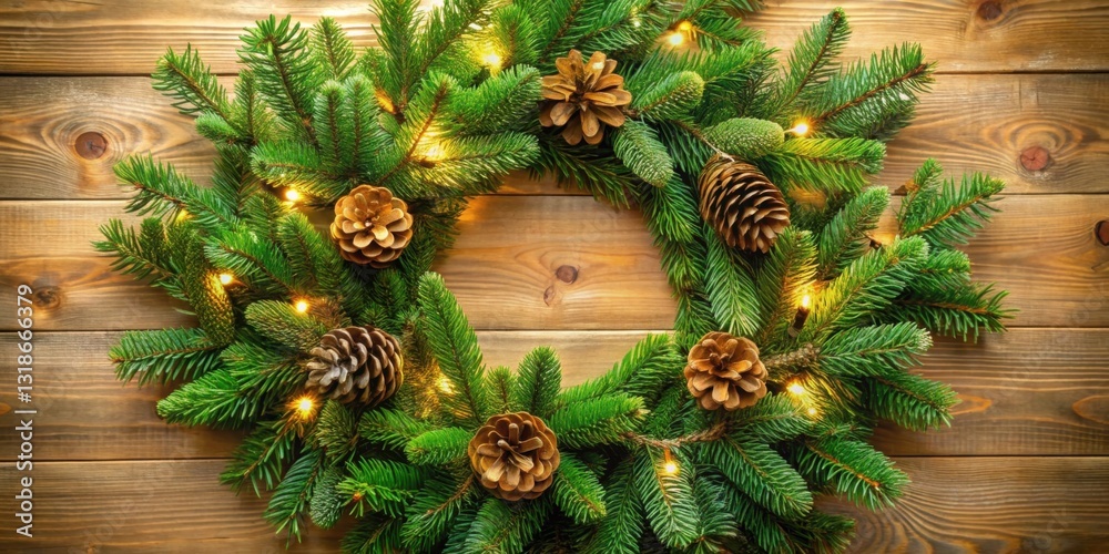 Poster a festive evergreen wreath adorned with rustic pine cones and glowing fairy lights, creating a warm 