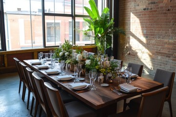 An elegantly set table in a sophisticated corporate event venue, highlighting the upscale and professional atmosphere.