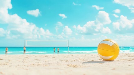 Naklejka premium Beach scene featuring a yellow volleyball and ocean backdrop.