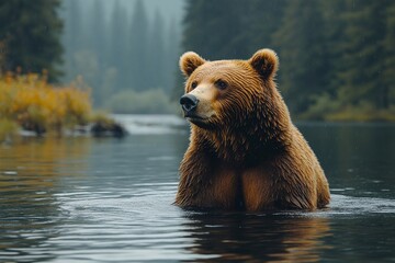 Fototapeta premium Brown bear wading in water surrounded by lush greenery and misty mountains