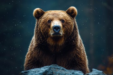 Obraz premium Brown bear resting on a rock in a misty forest during light snowfall