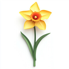 playful 3D daffodil flower icon with bright yellow petals and green leaves on white background © palin