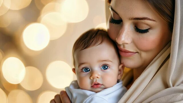 Mary Holding Baby Jesus With Ethereal Golden Bokeh Background Creates A Serene And Peaceful Atmosphere Highlighting A Timeless Theme Of Love And Devotion In A Spiritual And Inspirational Tone