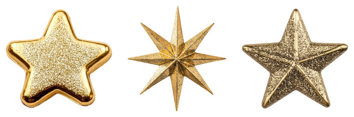 Obraz premium Three glittering gold stars with different designs on transparency background