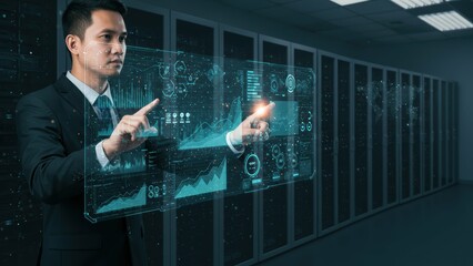 Asian businessman interacts with a digital interface in a server room, showcasing data analysis and technological innovation