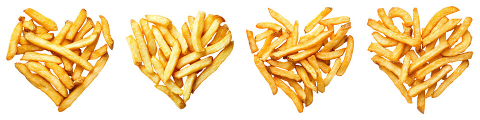 Golden french fries arranged in heart shapes on transparency background