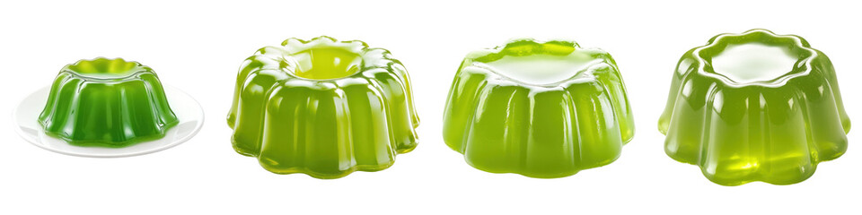 Green gelatin desserts in various shapes on transparency background