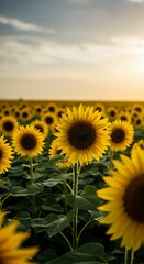 Fototapeta premium Sunflowers Blooming in Field at Golden Hour with Soft Sunlight