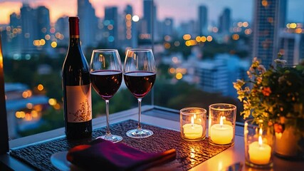 A romantic dinner on a private balcony overlooking a cityscape, red wine, and soft glowing candles.