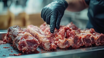 In a vibrant kitchen, a skilled butcher meticulously examines marbled beef cuts, ensuring perfect quality for a gourmet meal. The afternoon light creates a warm ambiance